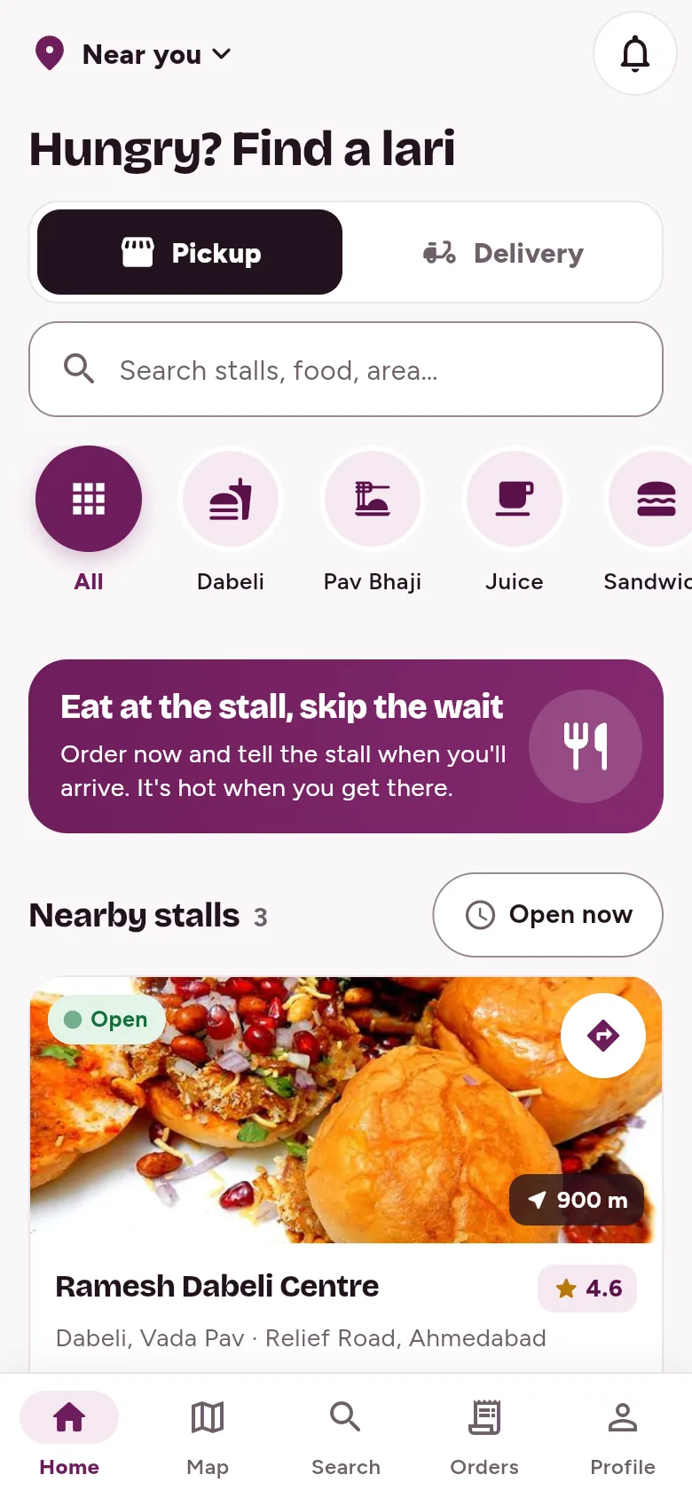 LariLocator home screen: nearby stalls, open now, nearest first