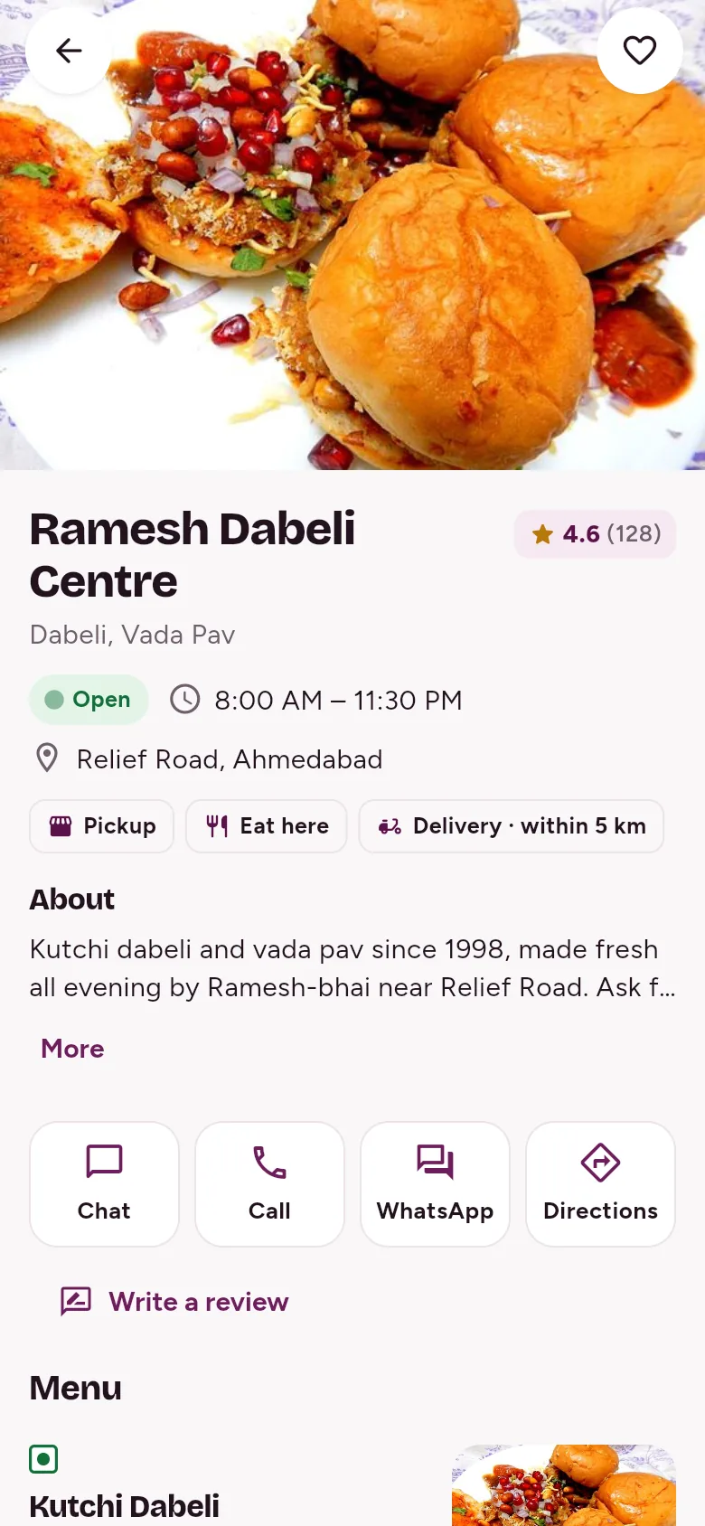 Stall page for Ramesh Dabeli Centre with hours, address, order types and the menu
